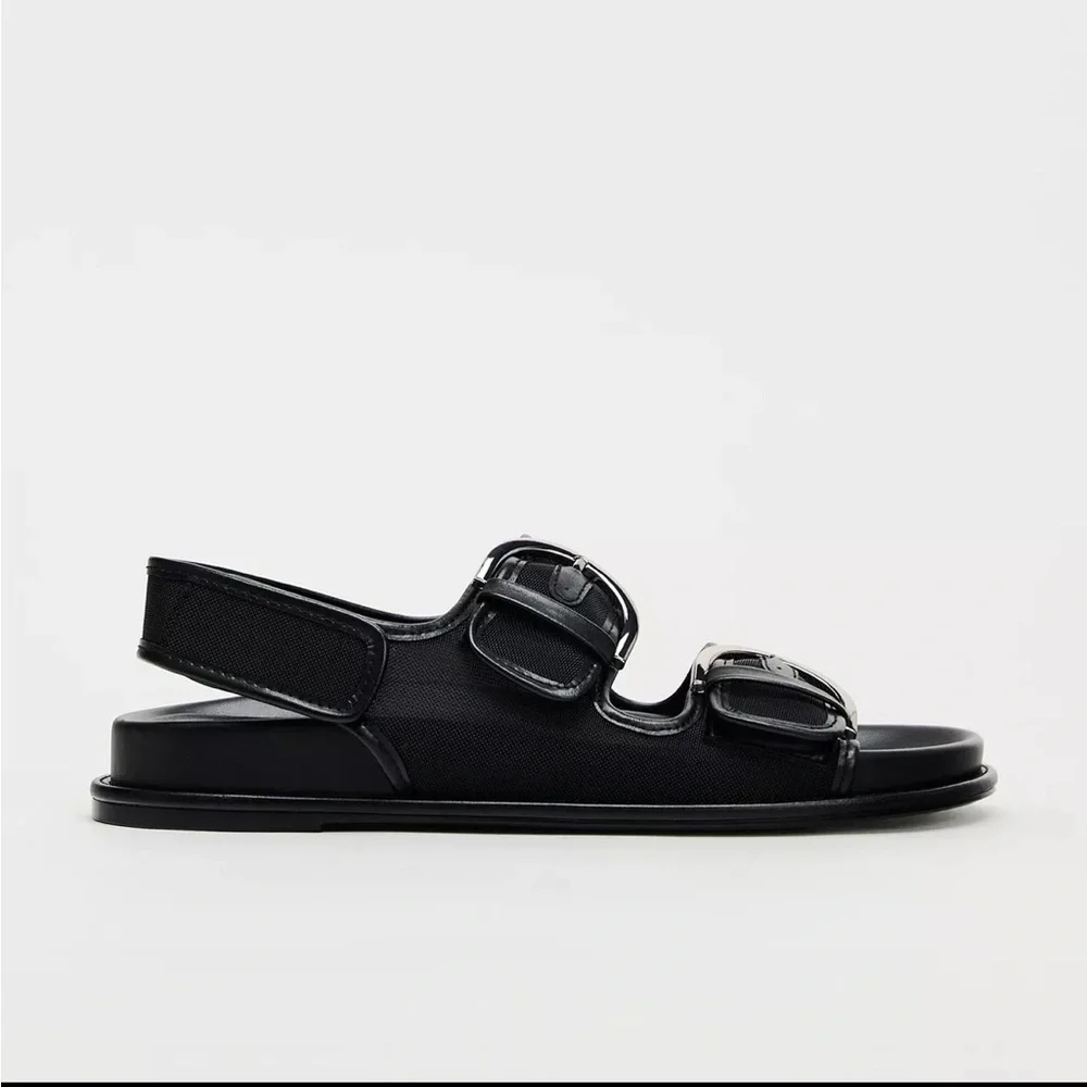 Zara Buckled Flat Mesh  Sandals - Black - Size 37 - Picture 2 of 6